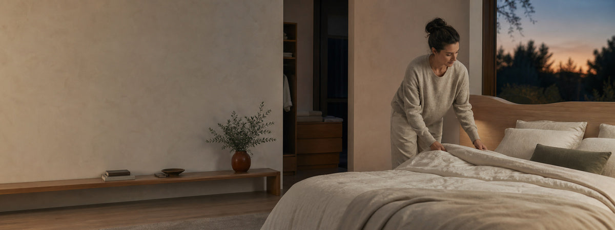Pessoa preparando a cama em um quarto contemporâneo ao entardecer