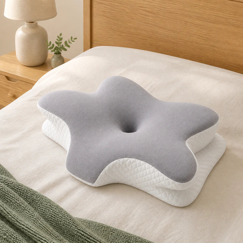 Travesseiro cervical borboleta cinza e branco sobre cama em quarto contemporâneo