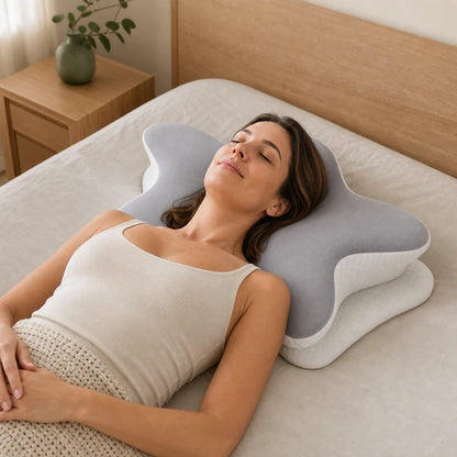 Mulher usando o travesseiro cervical borboleta para dormir de costas
