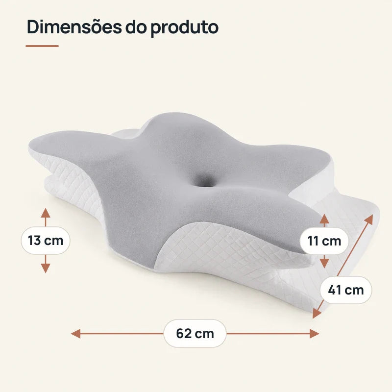 Dimensões do travesseiro cervical borboleta: 62 por 41 cm e alturas de 11 e 13 cm