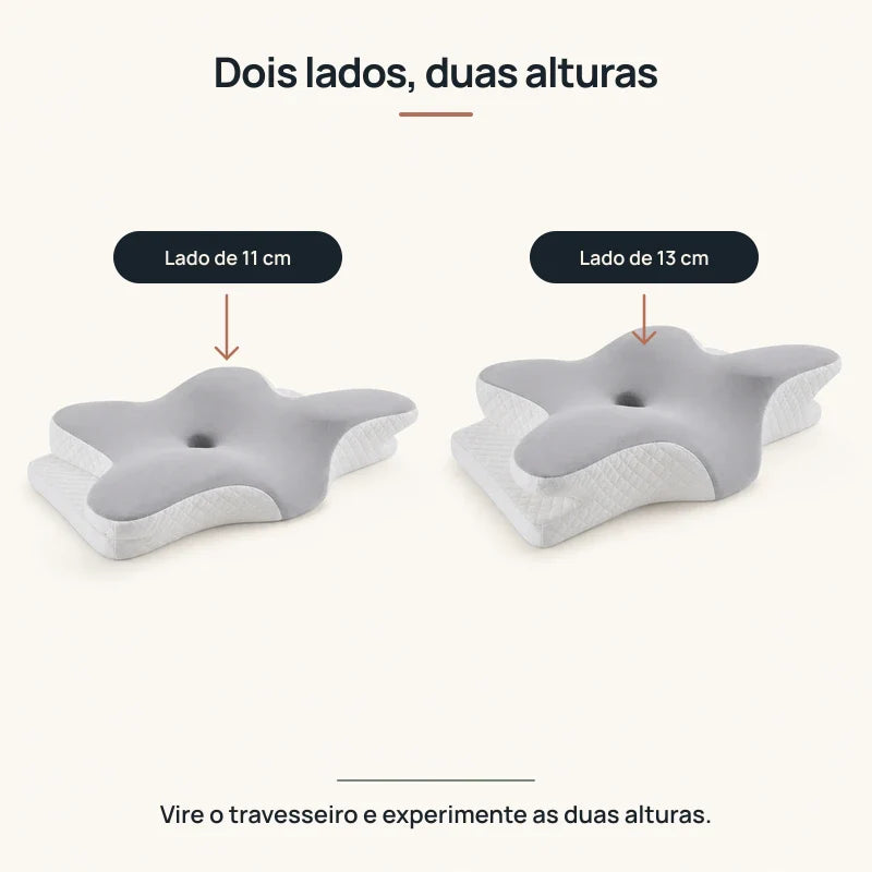 Travesseiro cervical com dois lados e alturas de 11 e 13 cm