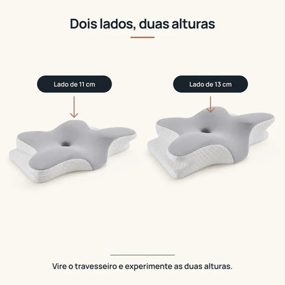 Travesseiro cervical com dois lados e alturas de 11 e 13 cm
