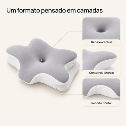 Detalhes do travesseiro cervical com rebaixo central, contornos laterais e recorte frontal