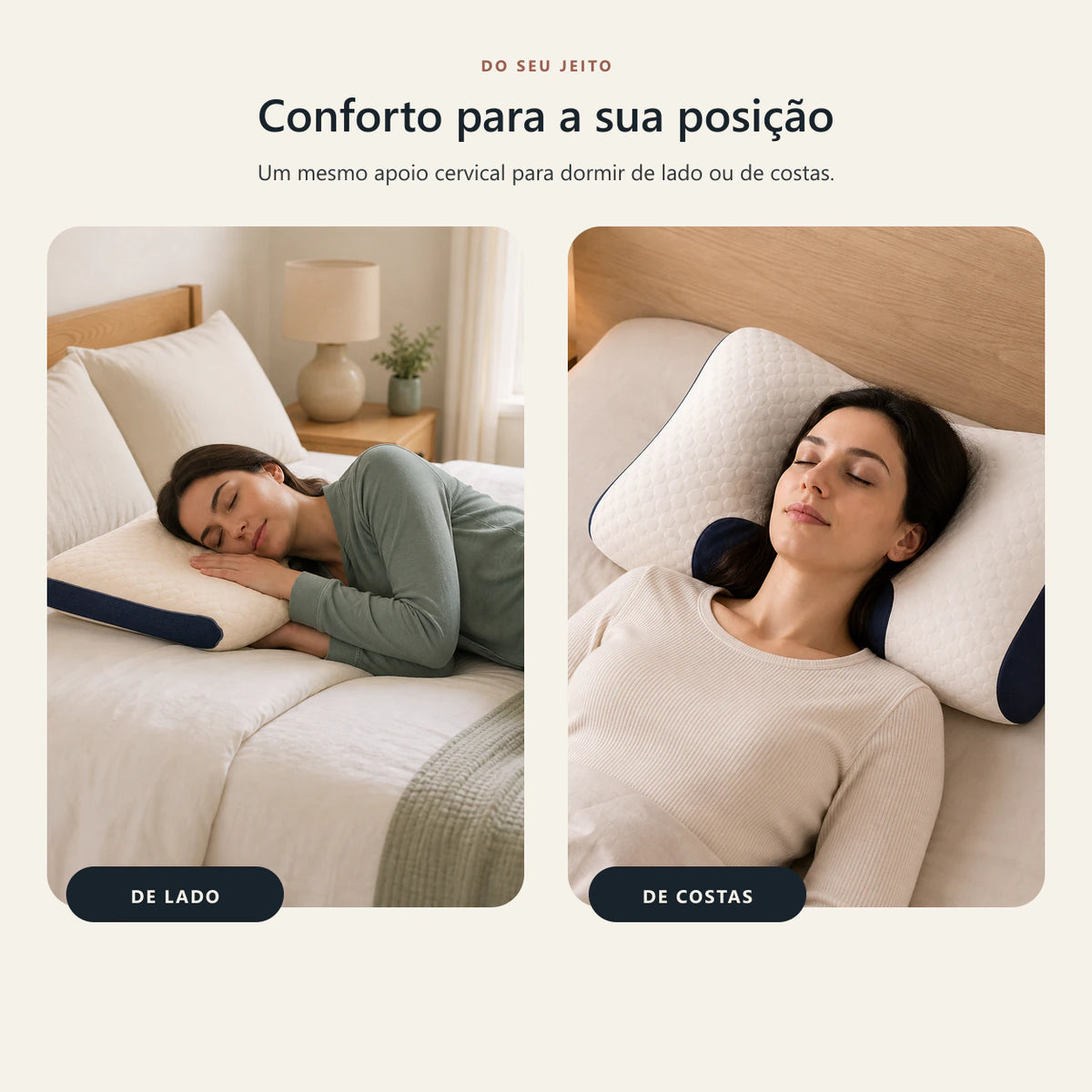 Demonstração do travesseiro cervical nas posições de lado e de costas.
