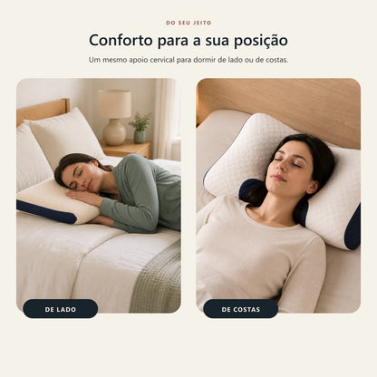Demonstração do travesseiro cervical nas posições de lado e de costas.