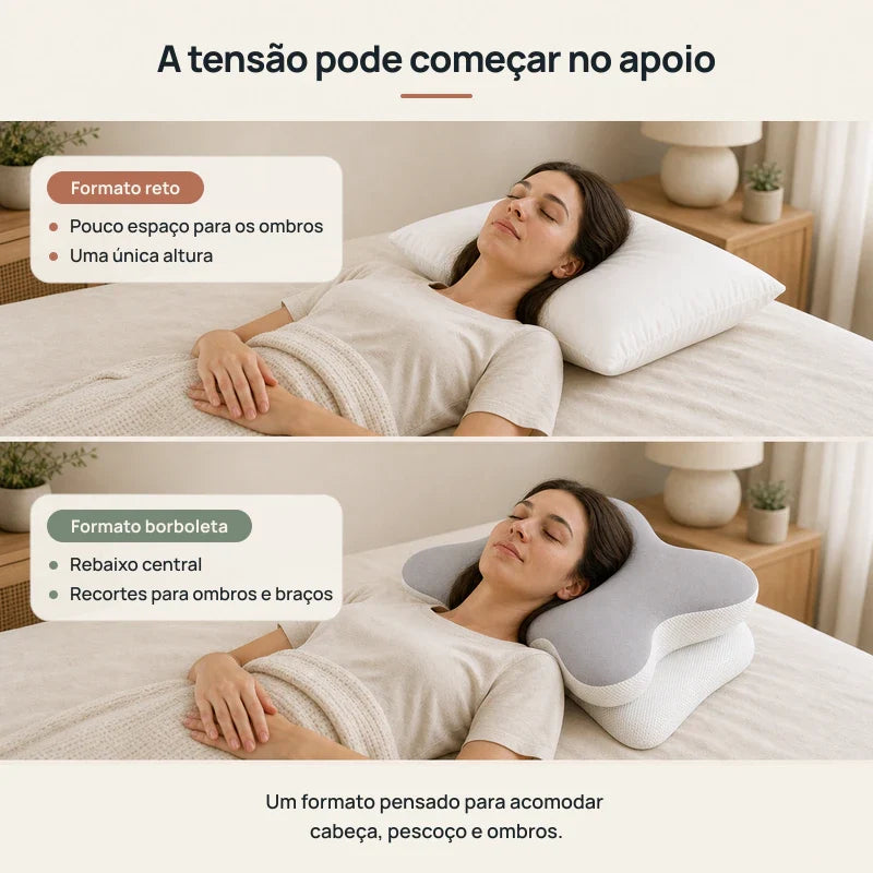 Comparação entre travesseiro reto e travesseiro cervical borboleta para apoio de pescoço e ombros