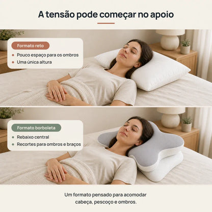 Comparação entre travesseiro reto e travesseiro cervical borboleta para apoio de pescoço e ombros